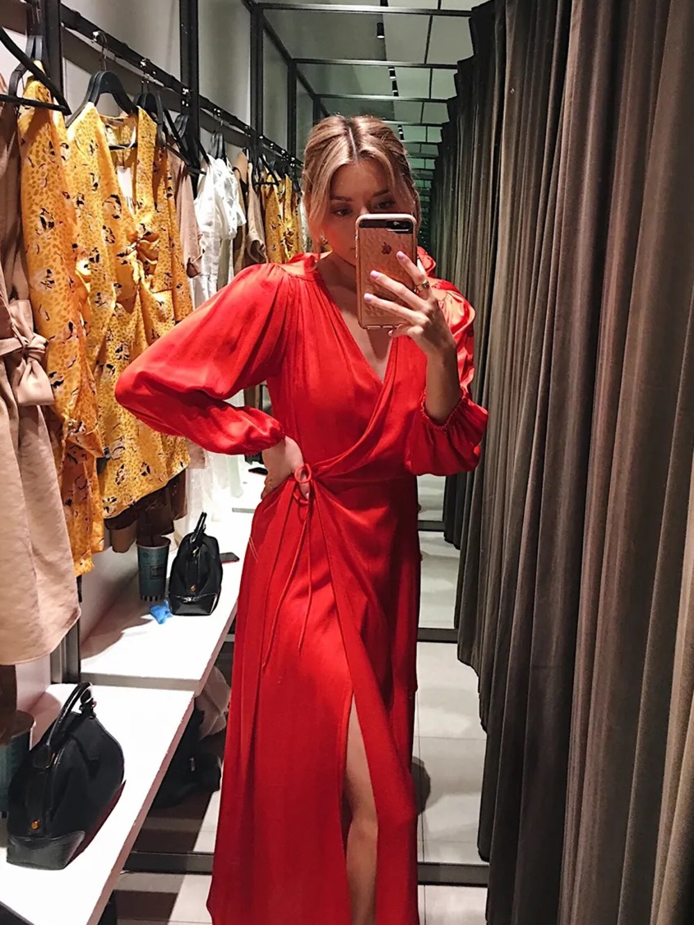 ZARA Red Wrap Dress with Long Sleeves    NWT